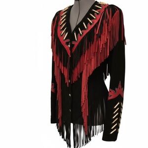 Freedom Women Native American Western Cowboy Leather Jacket Contrast Fringe Bead